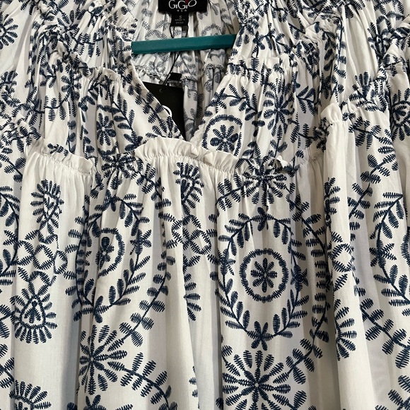 Gigio NWT Small Navy White Print Blouse Balloon short sleeves Navy trim at hem - Picture 2 of 10